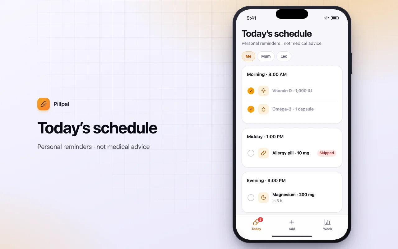Daily pill and supplement organiser: the Today’s schedule screen