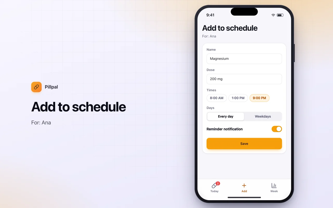 Daily pill and supplement organiser: the Add to schedule screen