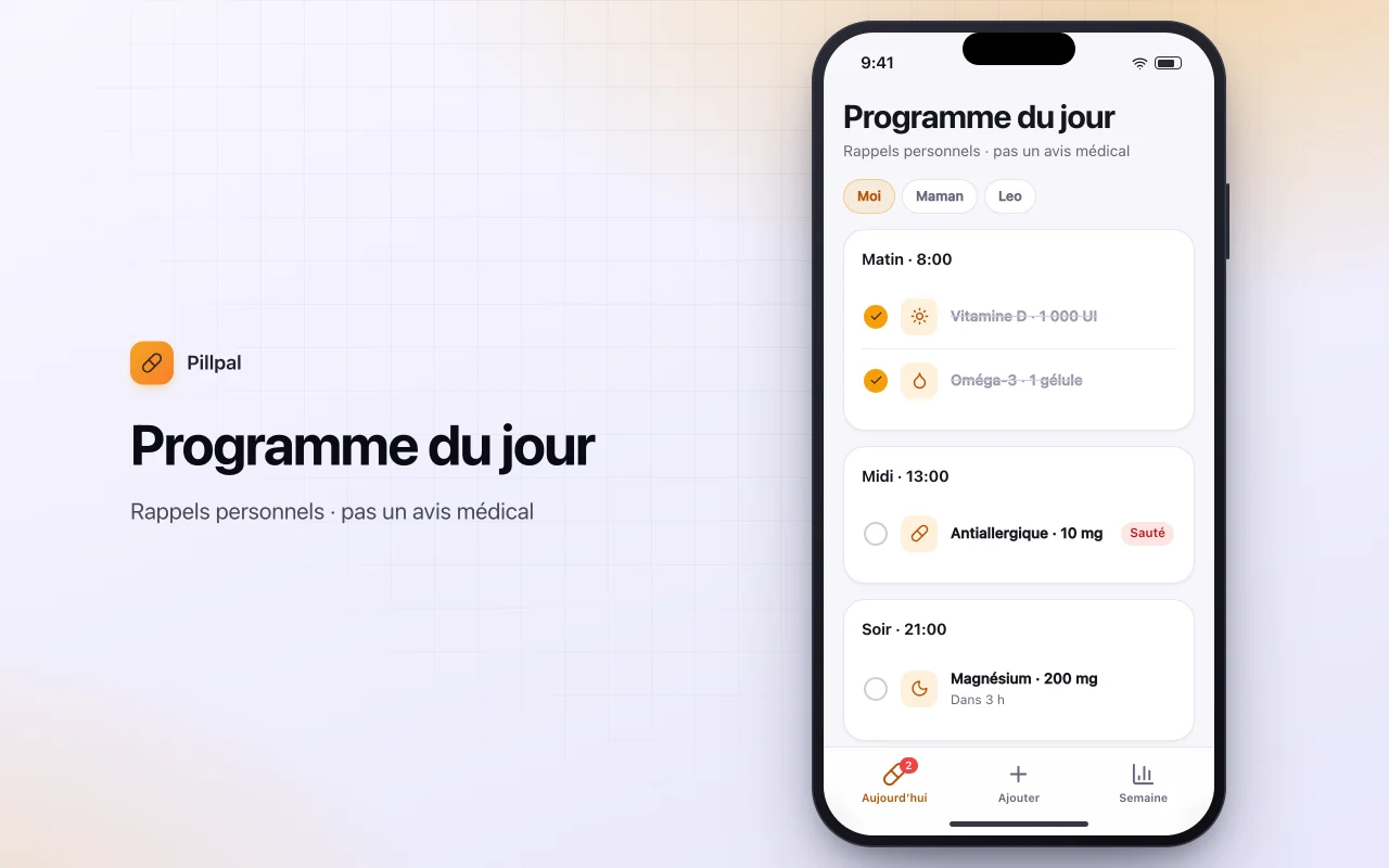Pilulier et compléments du quotidien : l’écran Programme du jour