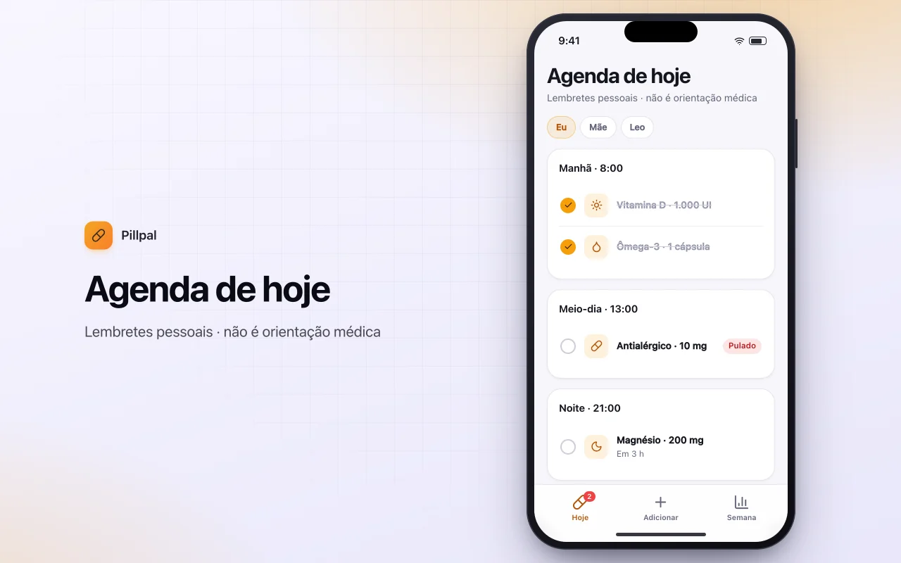 Organizador diário de remédios e suplementos: a tela Agenda de hoje