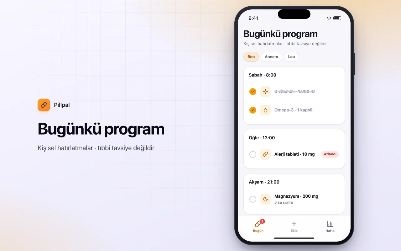 Günlük hap ve takviye düzenleyici: Bugünkü program ekranı