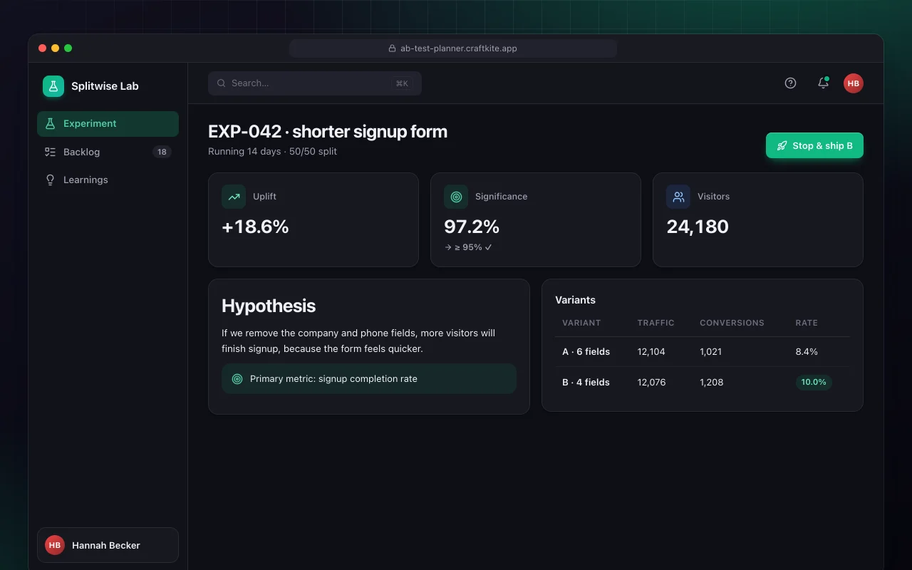A/B test planner: the EXP-042 · shorter signup form screen