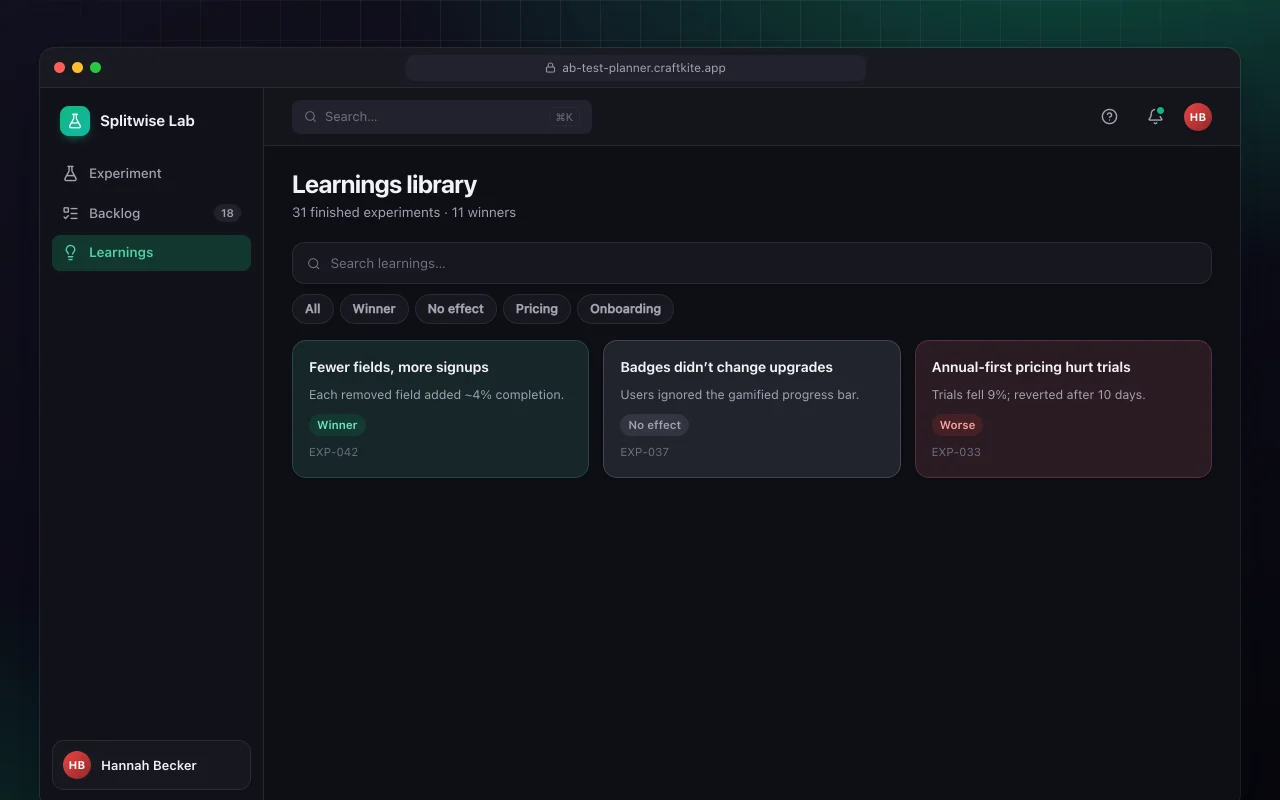 A/B test planner: the Learnings library screen