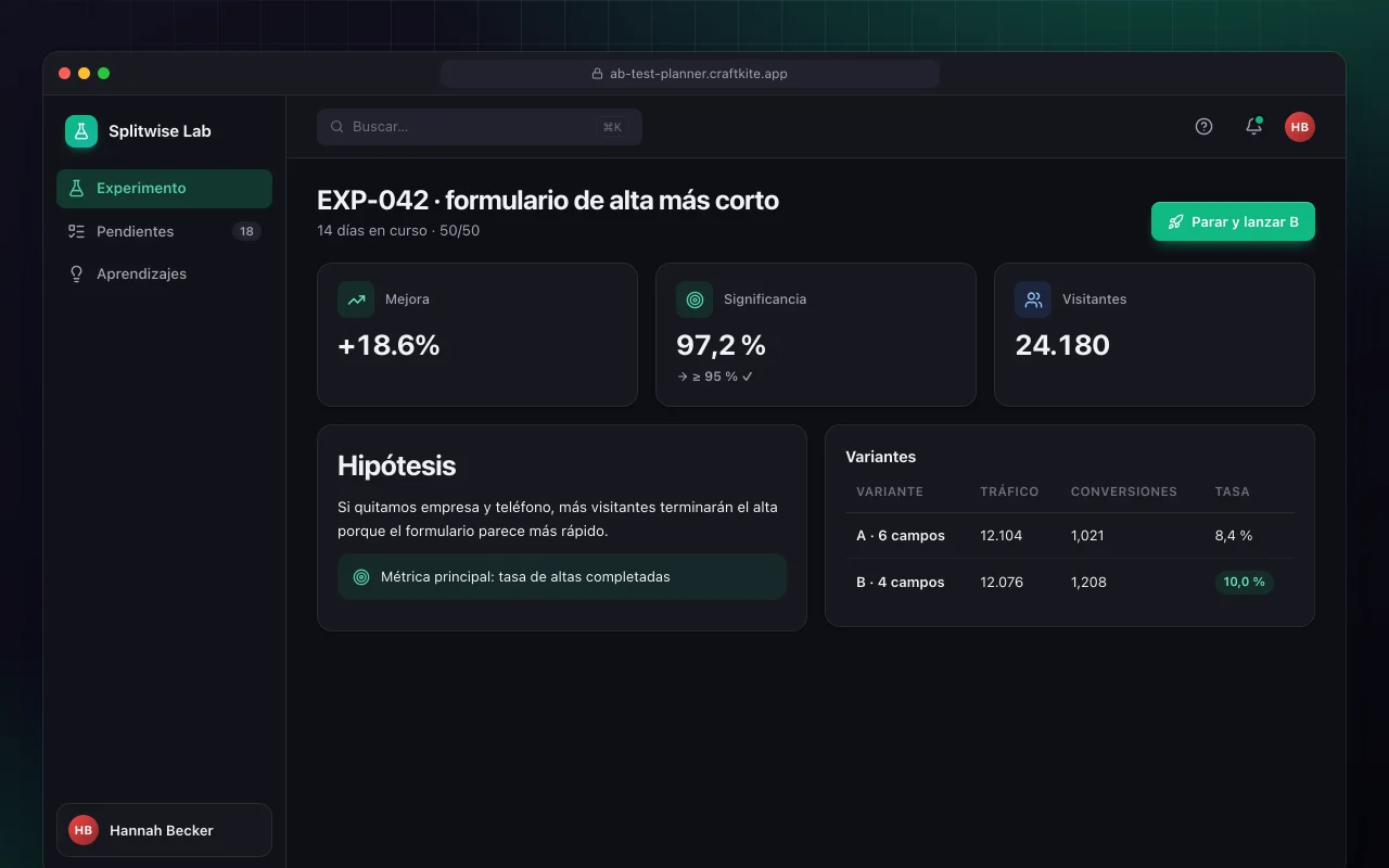 Planificador de tests A/B: la pantalla EXP-042 · formulario de alta más corto