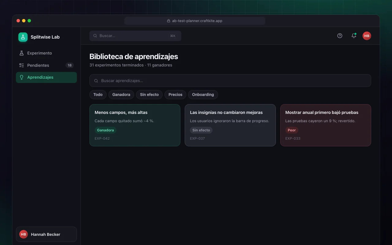 Planificador de tests A/B: la pantalla Biblioteca de aprendizajes