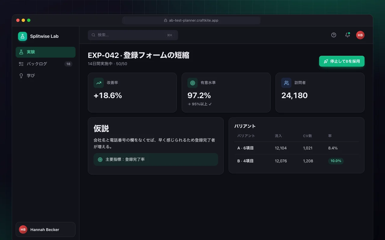 A/Bテストプランナー：EXP-042 · 登録フォームの短縮画面