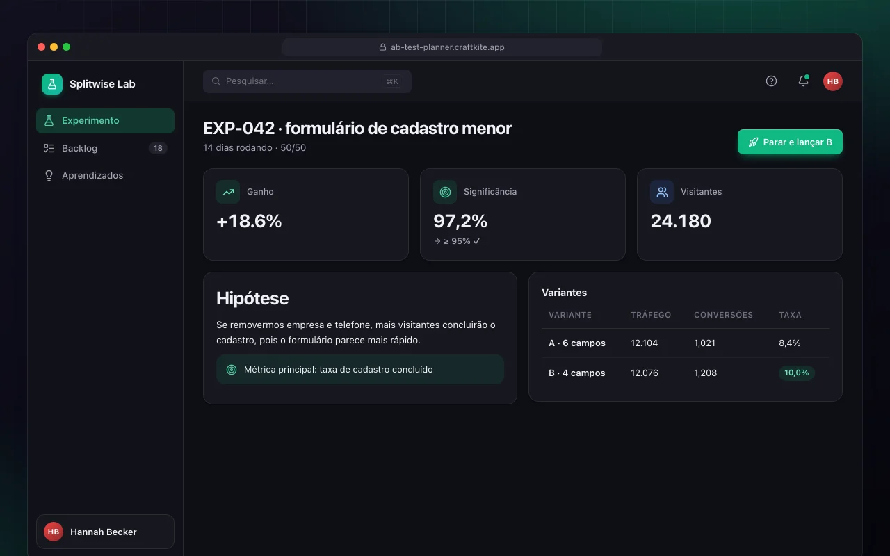 Planejador de testes A/B: a tela EXP-042 · formulário de cadastro menor