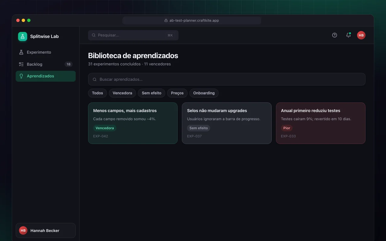 Planejador de testes A/B: a tela Biblioteca de aprendizados