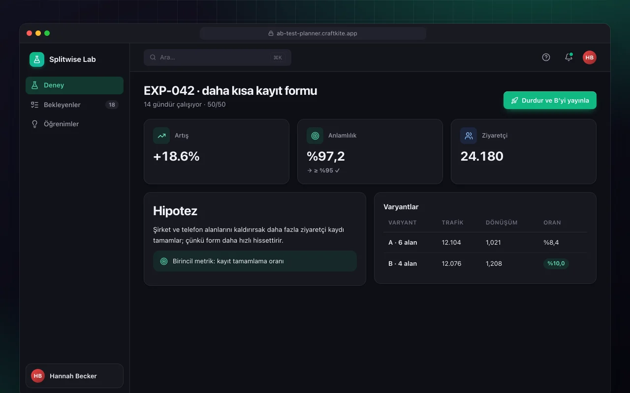 A/B test planlayıcı: EXP-042 · daha kısa kayıt formu ekranı