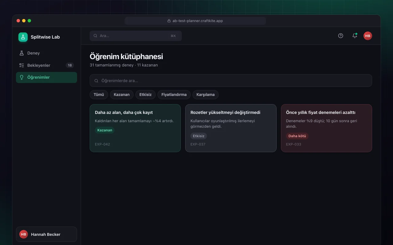 A/B test planlayıcı: Öğrenim kütüphanesi ekranı