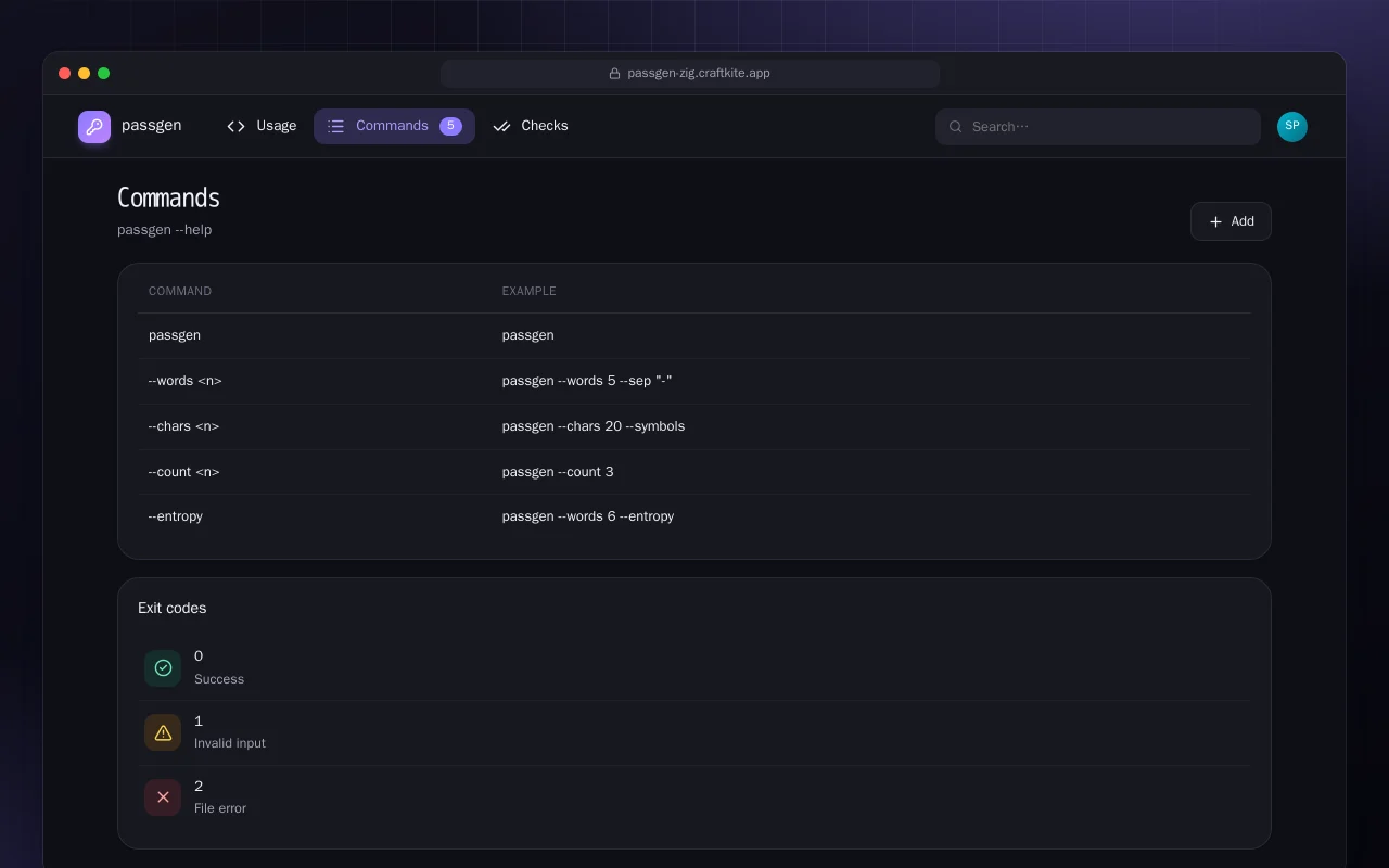 Passphrase Generator (Zig): the Commands screen