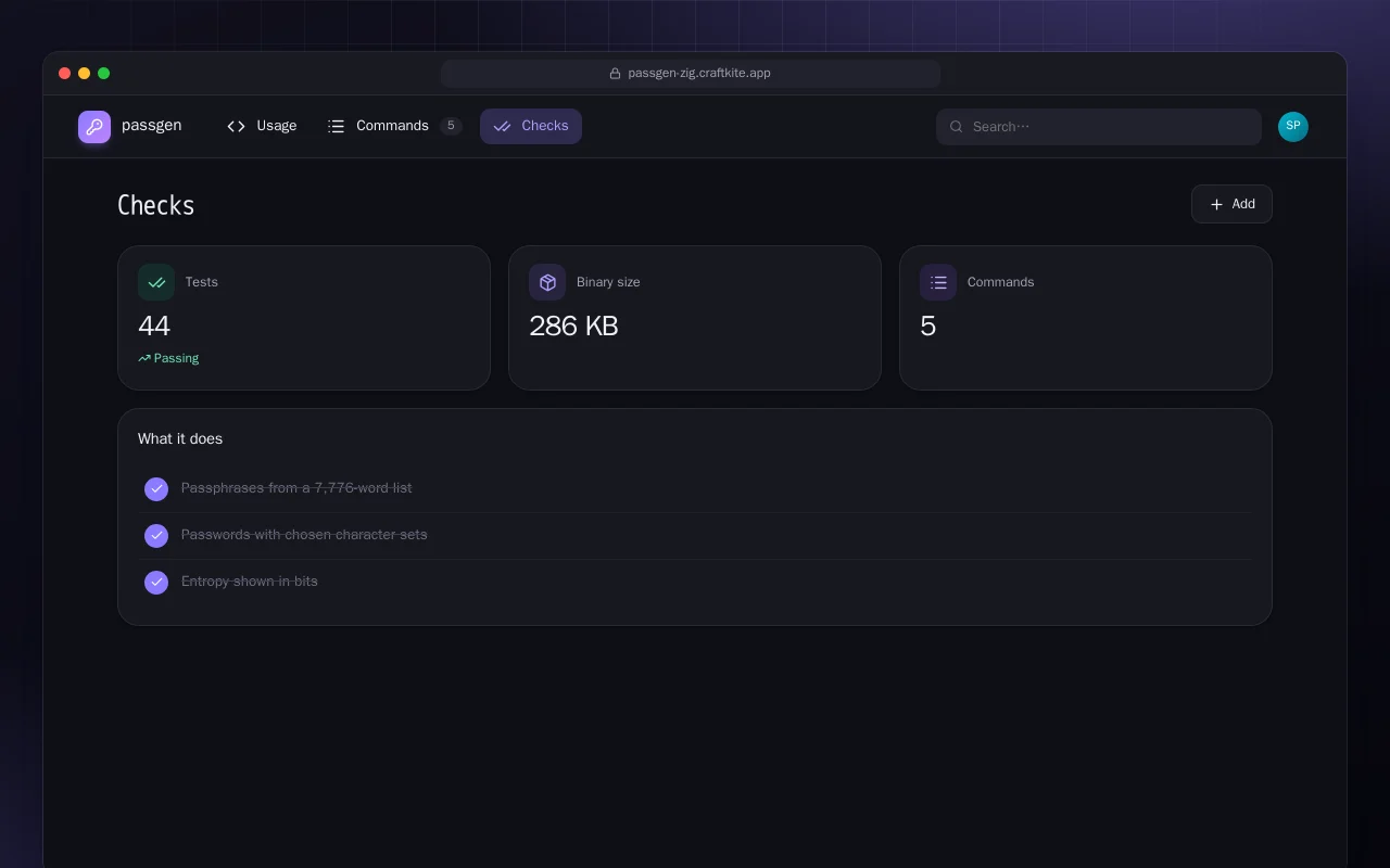 Passphrase Generator (Zig): the Checks screen