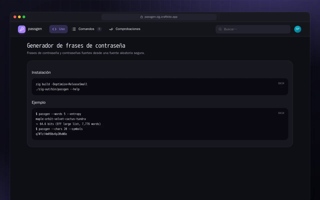 Generador de frases de contraseña (Zig): la pantalla Generador de frases de contraseña