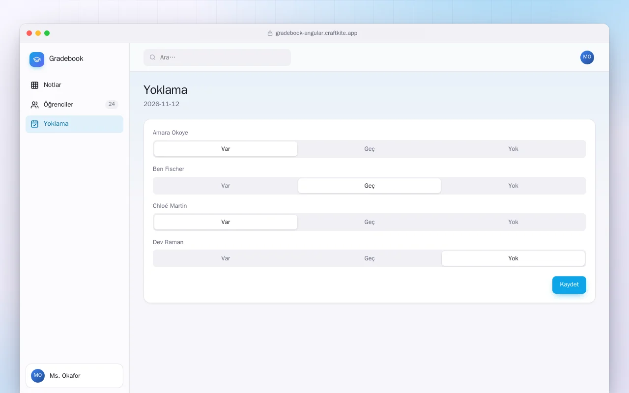 Not Defteri (Angular): Yoklama ekranı