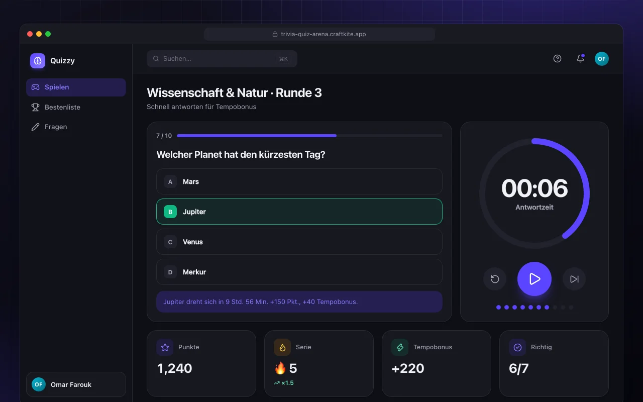 Quiz-Arena: der Bildschirm „Wissenschaft & Natur · Runde 3“
