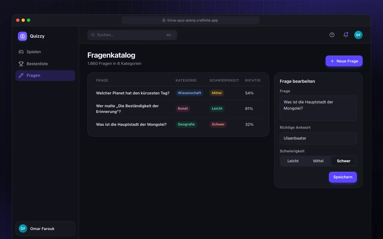 Quiz-Arena: der Bildschirm „Fragenkatalog“