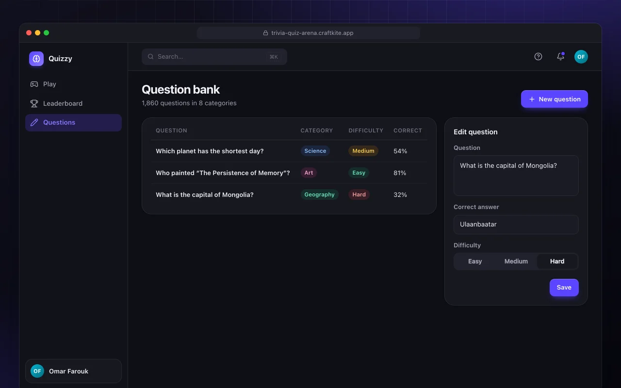 Trivia quiz arena: the Question bank screen