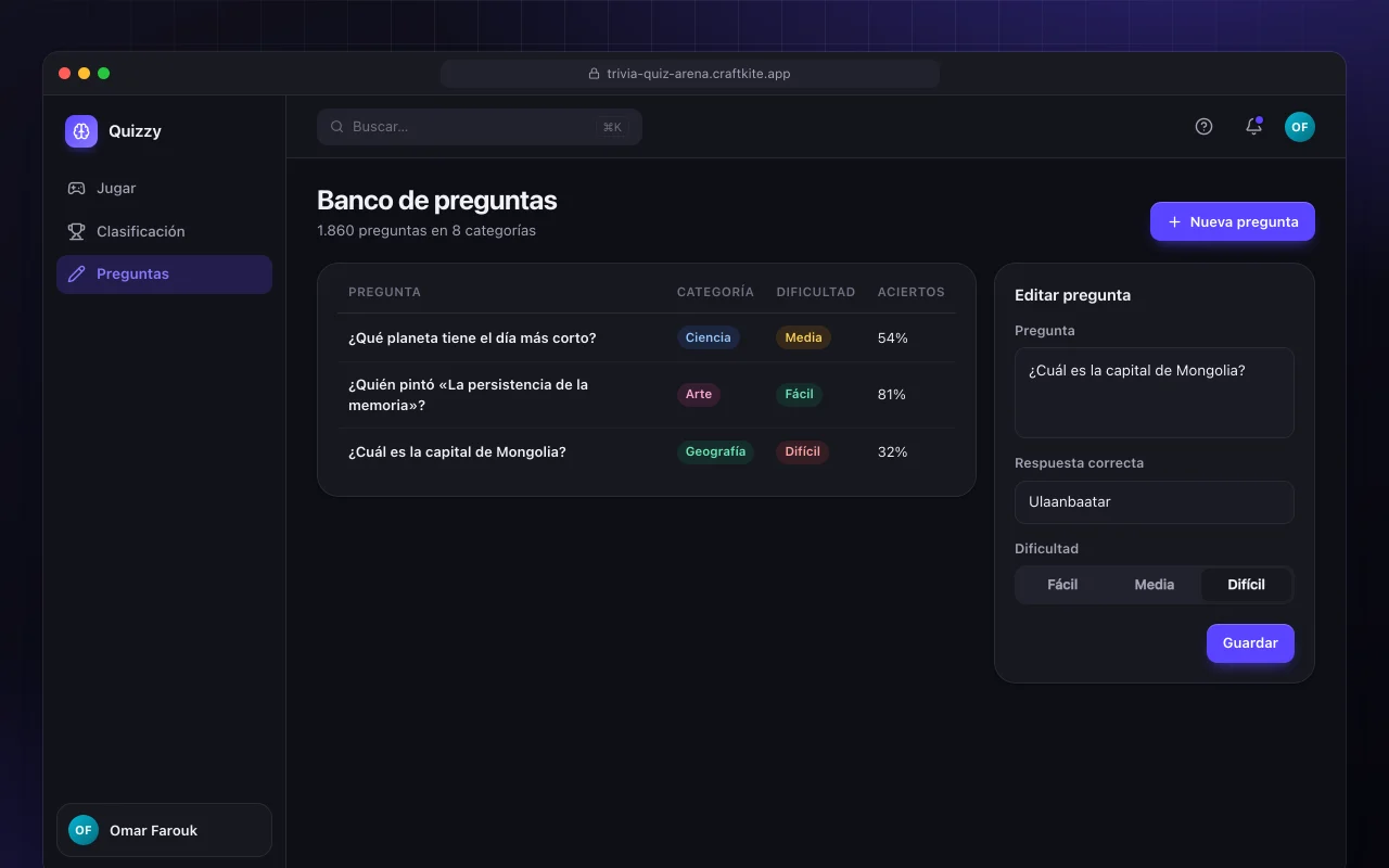 Arena de preguntas y respuestas: la pantalla Banco de preguntas