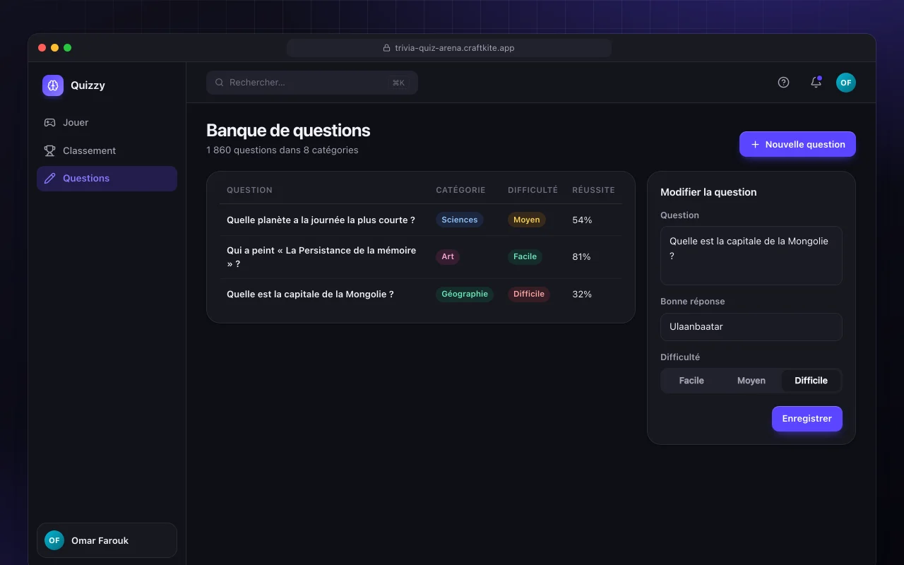 Arène de quiz culture générale : l’écran Banque de questions