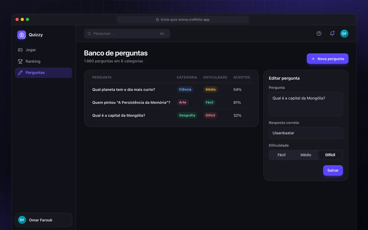 Arena de quiz de curiosidades: a tela Banco de perguntas