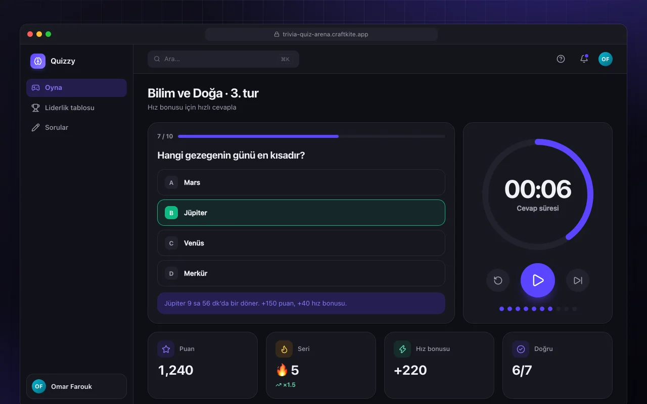 Bilgi yarışması arenası: Bilim ve Doğa · 3. tur ekranı