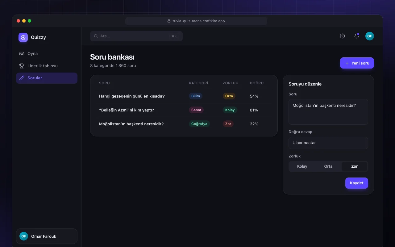 Bilgi yarışması arenası: Soru bankası ekranı