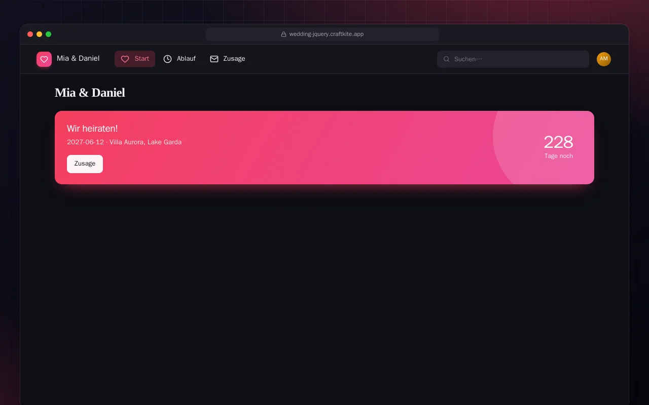 Hochzeitswebsite (HTML): der Bildschirm „Mia & Daniel“