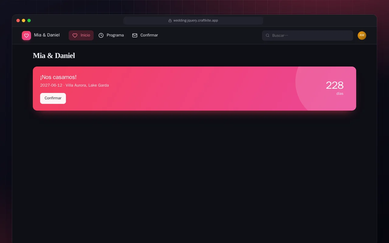 Web de boda (HTML): la pantalla Mia & Daniel