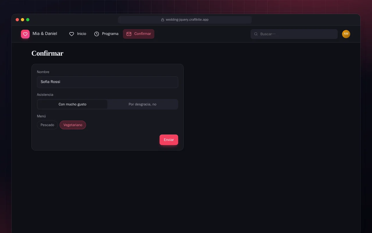 Web de boda (HTML): la pantalla Confirmar