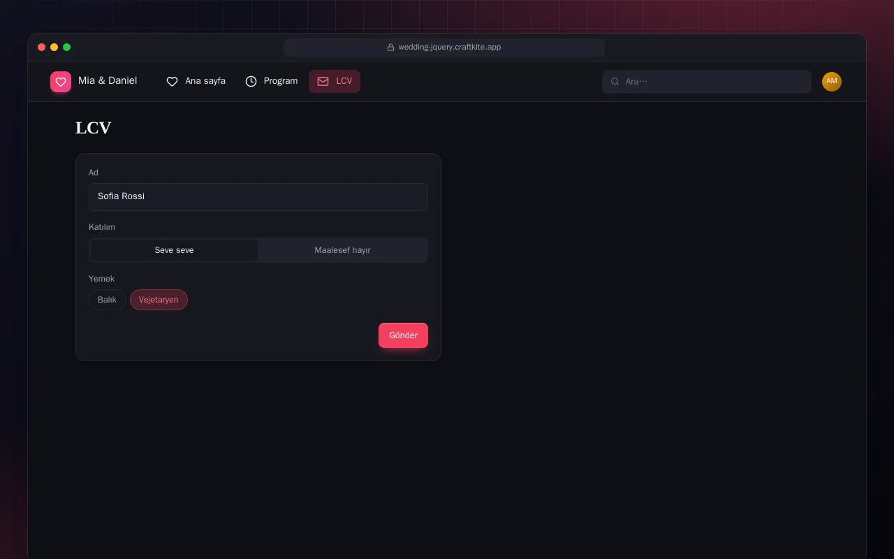 Düğün Web Sitesi (HTML): LCV ekranı