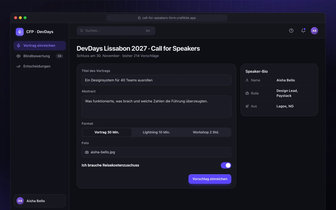Call for Speakers: der Bildschirm „DevDays Lissabon 2027 · Call for Speakers“