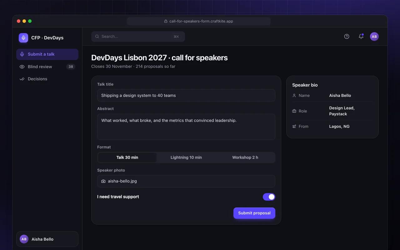 Call for speakers: the DevDays Lisbon 2027 · call for speakers screen