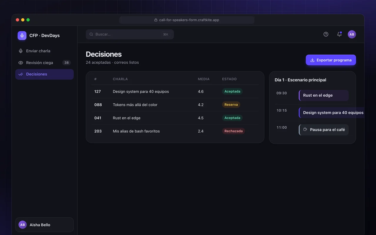 Convocatoria de ponentes: la pantalla Decisiones