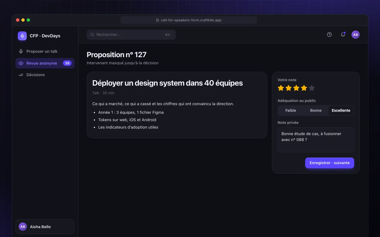 Appel à intervenants : l’écran Proposition n° 127