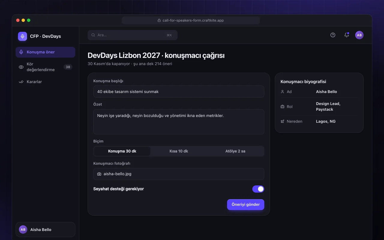 Konuşmacı çağrısı: DevDays Lizbon 2027 · konuşmacı çağrısı ekranı