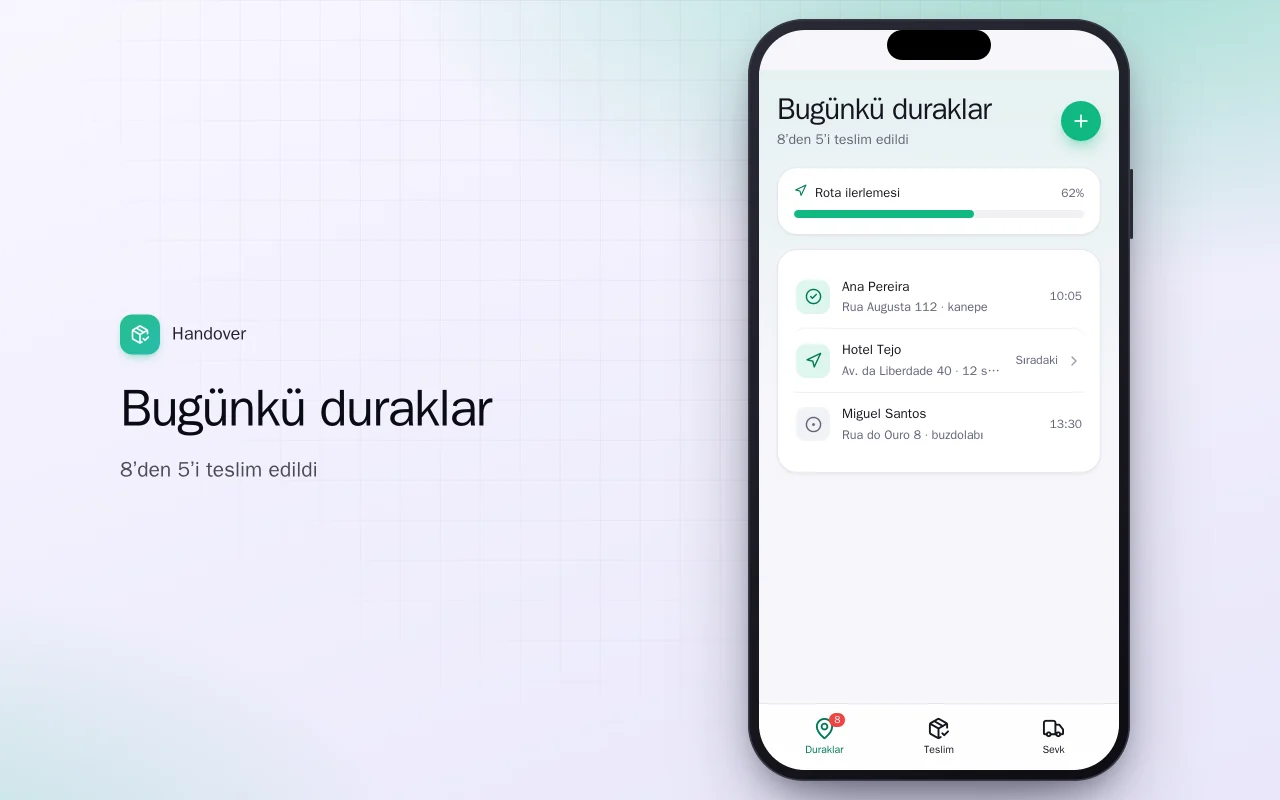 Teslimat kanıtı: Bugünkü duraklar ekranı