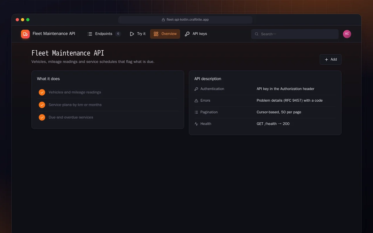 Fleet Maintenance API (Kotlin + Spring Boot): the Fleet Maintenance API screen
