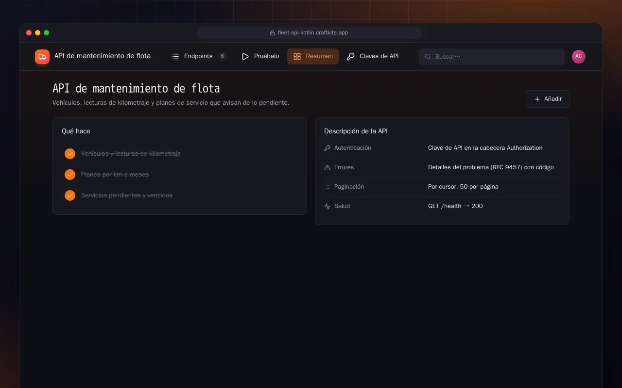 API de mantenimiento de flota (Kotlin + Spring Boot): la pantalla API de mantenimiento de flota