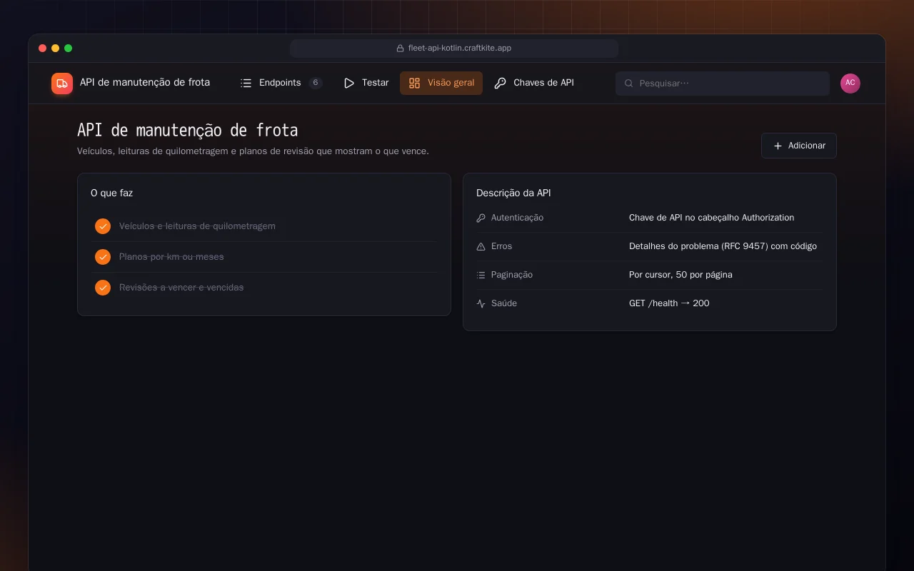 API de manutenção de frota (Kotlin + Spring Boot): a tela API de manutenção de frota