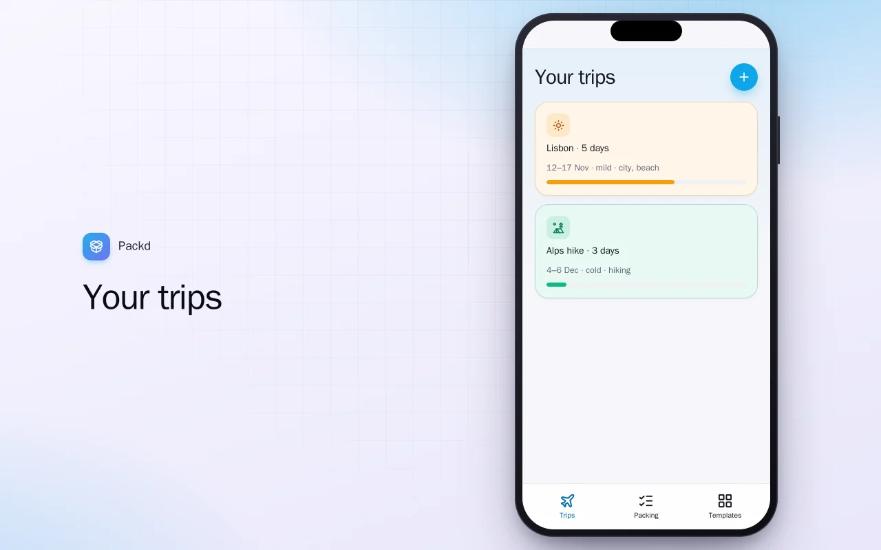 Packing list planner: the Your trips screen