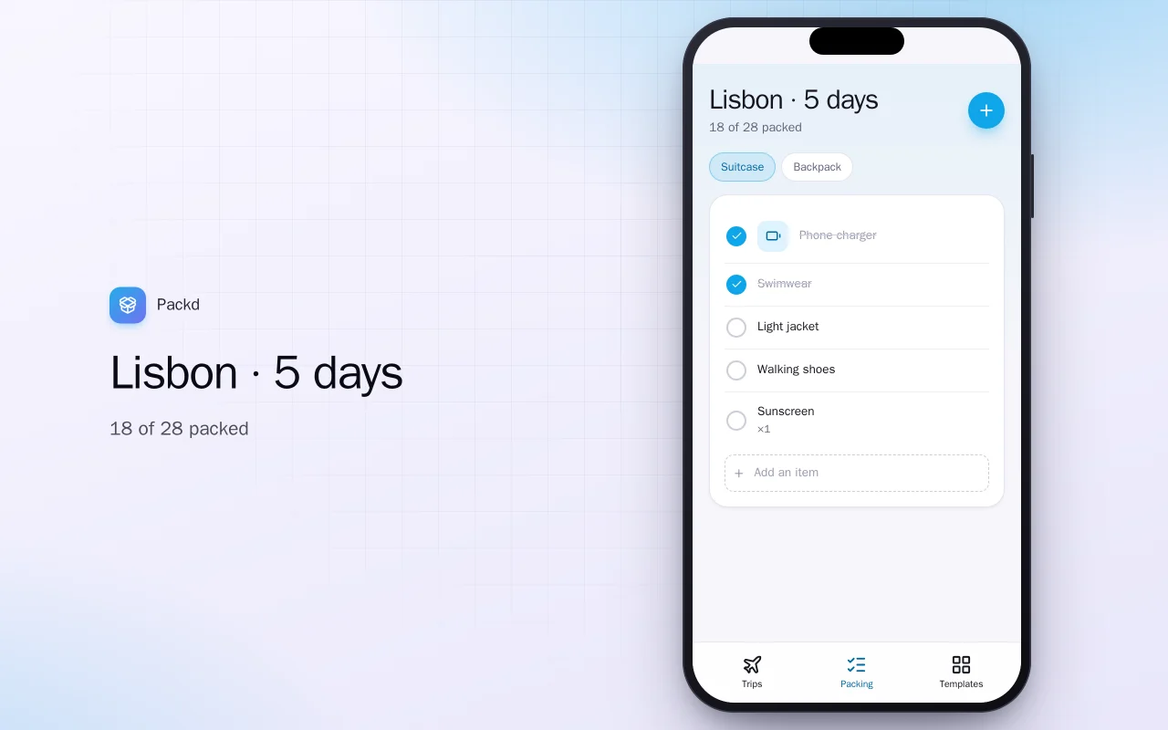 Packing list planner: the Lisbon · 5 days screen