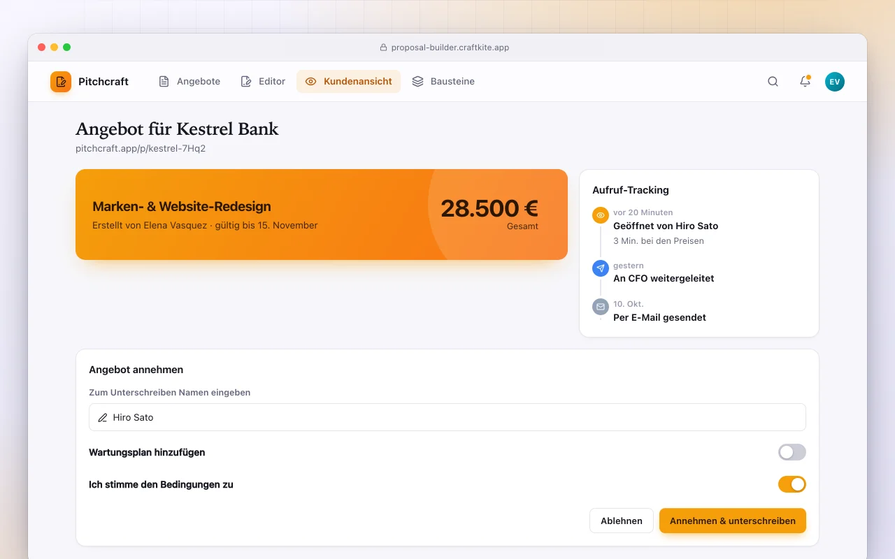 Angebotsersteller: der Bildschirm „Angebot für Kestrel Bank“