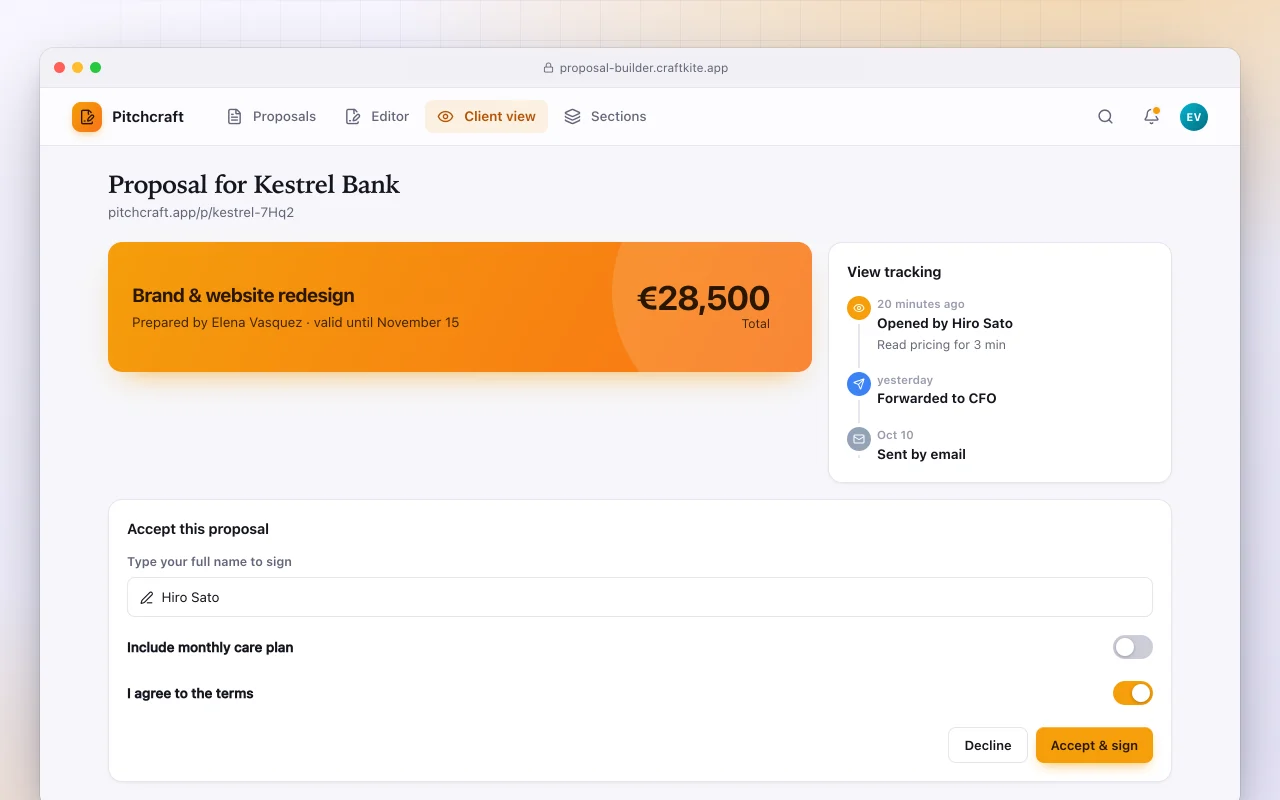 Proposal builder: the Proposal for Kestrel Bank screen