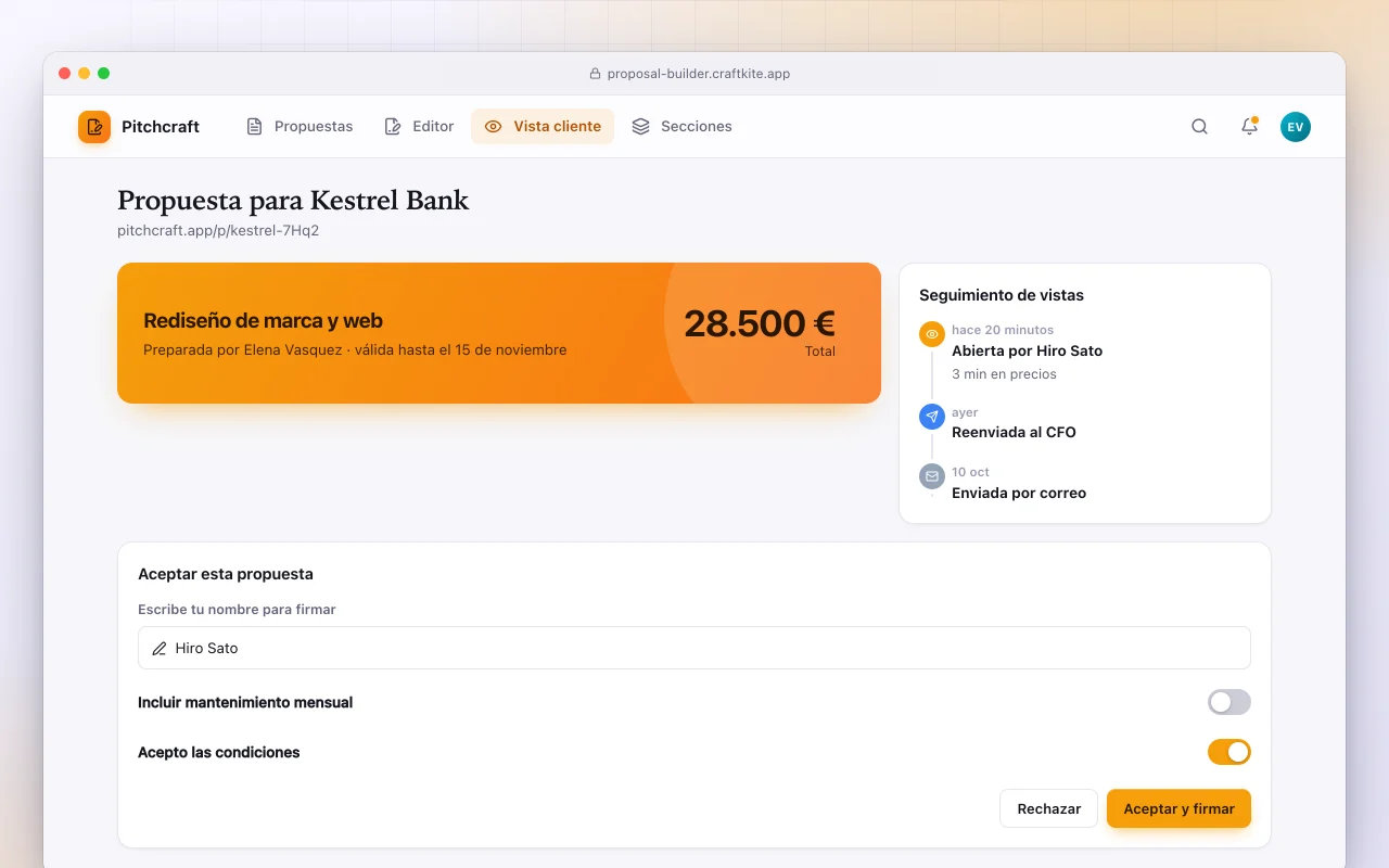 Creador de propuestas: la pantalla Propuesta para Kestrel Bank