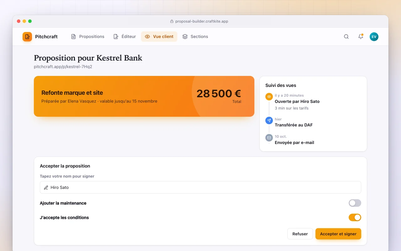 Créateur de propositions : l’écran Proposition pour Kestrel Bank