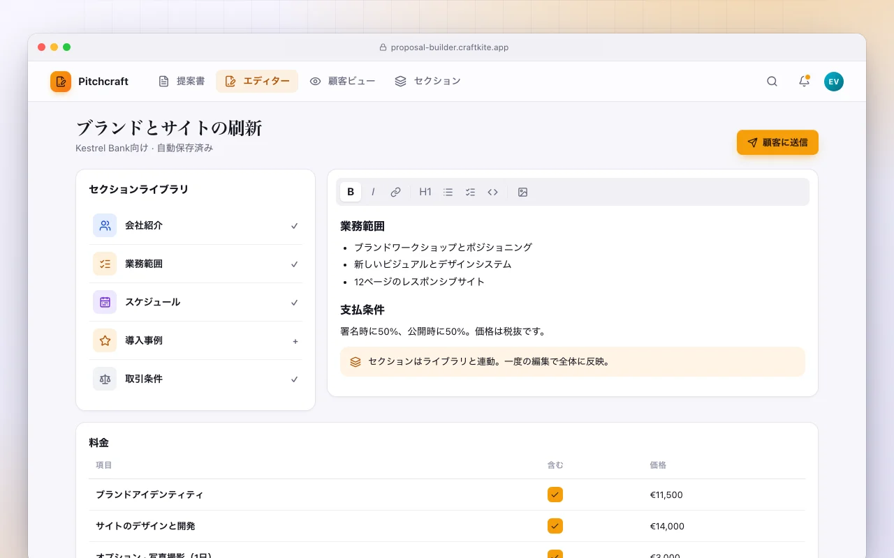 提案書ビルダー：ブランドとサイトの刷新画面