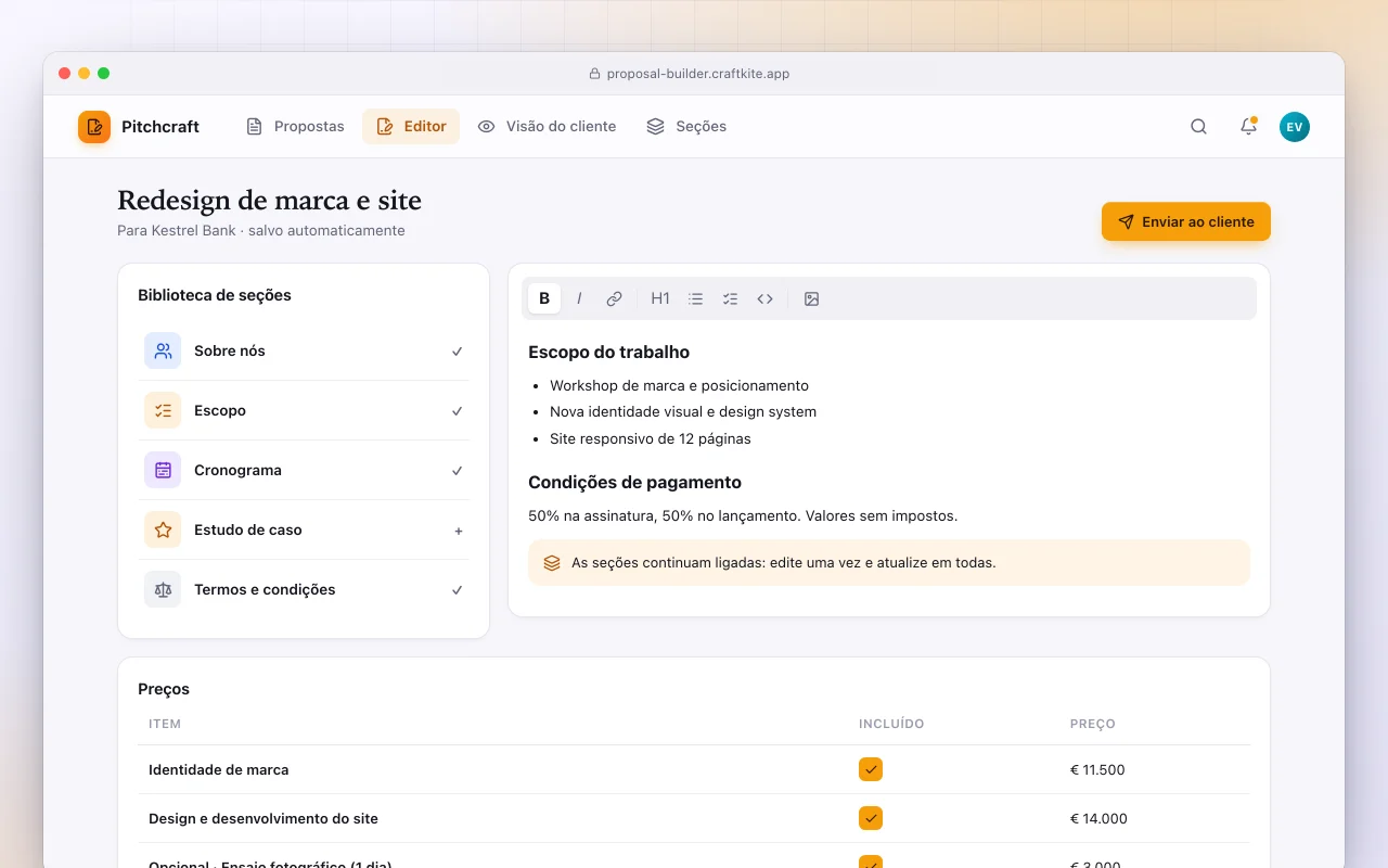 Criador de propostas: a tela Redesign de marca e site