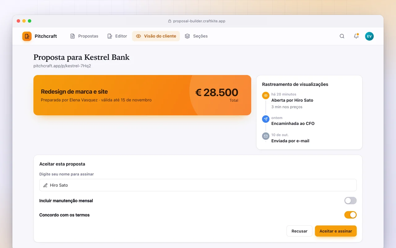 Criador de propostas: a tela Proposta para Kestrel Bank