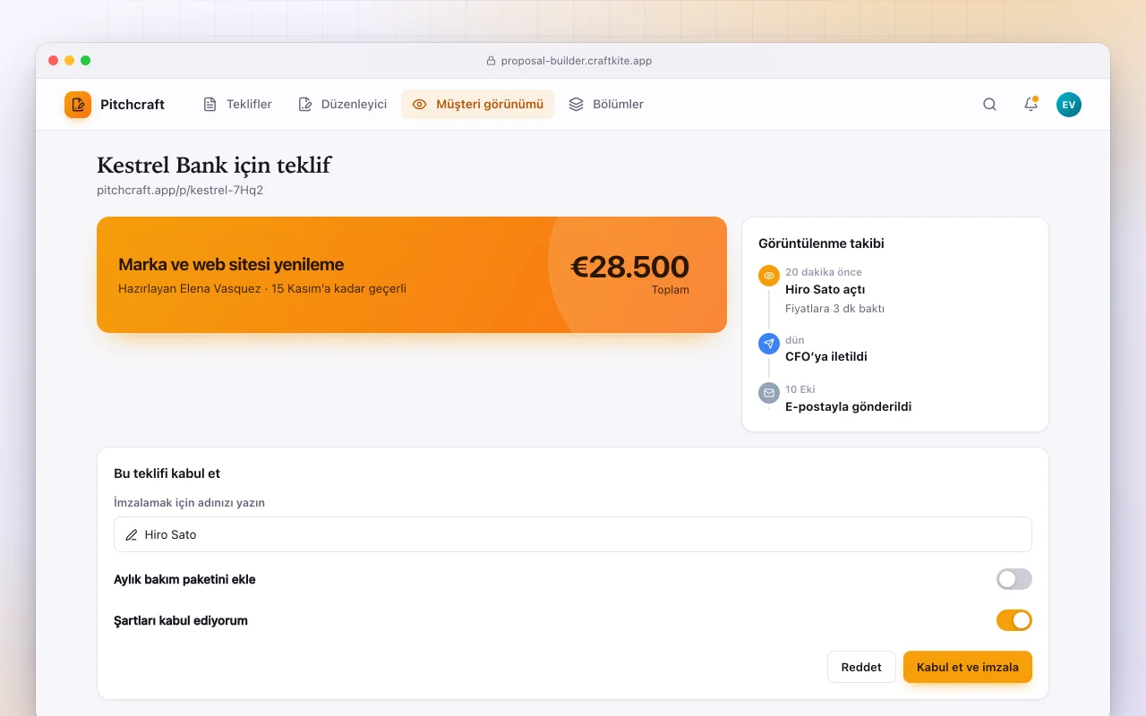 Teklif hazırlayıcı: Kestrel Bank için teklif ekranı