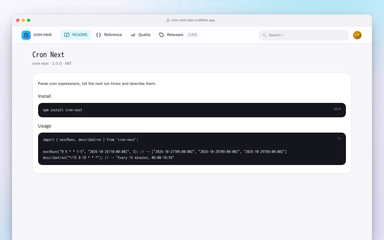 Cron Next (TypeScript): the Cron Next screen